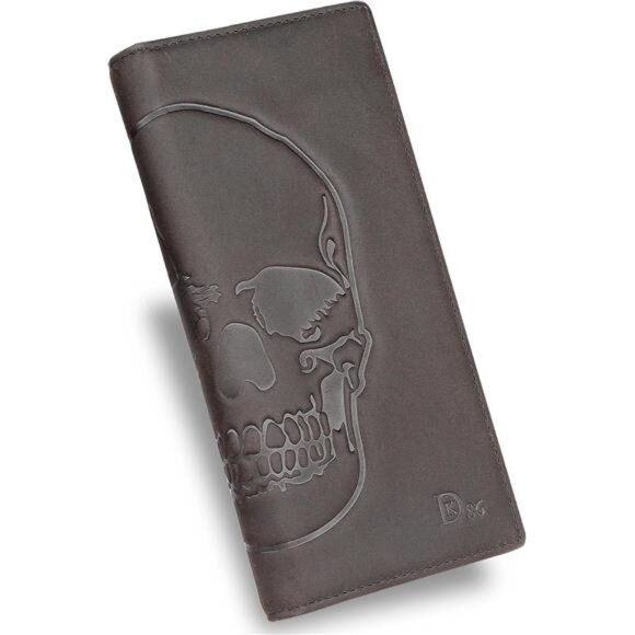 Skull Long Wallet For Men Full Grain Leather Rfid Blocking Rodeo Wallet Bifold - Picture 1 of 7